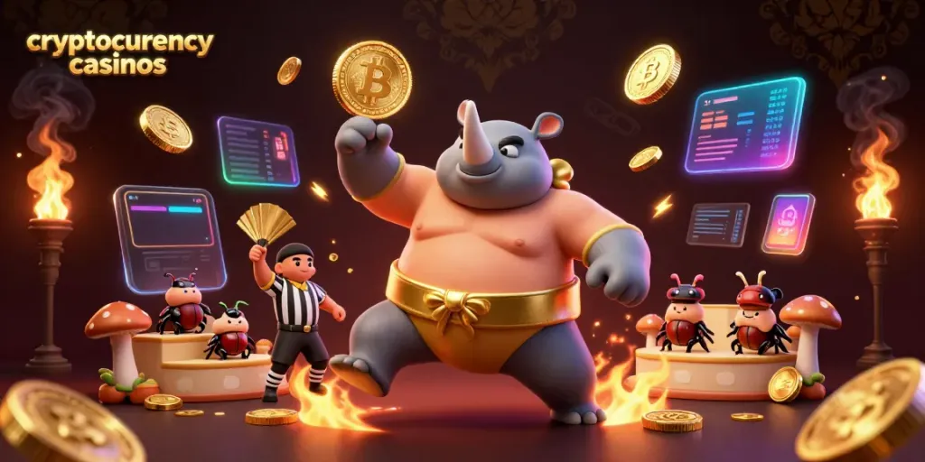 Engaging scene in cryptocurrency casinos featuring cartoon beetles with Bitcoin coins