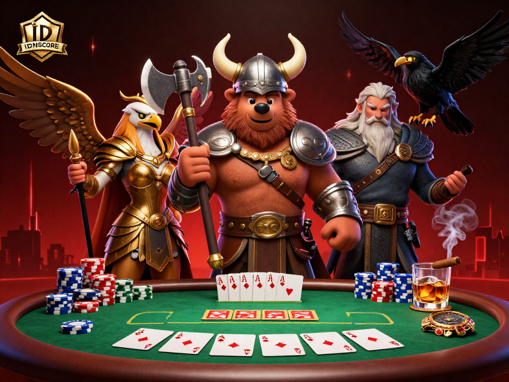 Engage in thrilling gameplay at IDNSCORE featuring Viking characters conquering poker tables in a rich casino landscape.