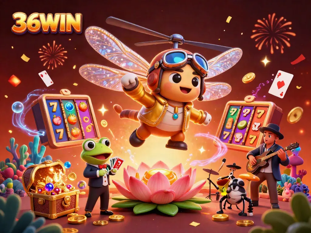 Experience the vibrant excitement of 36WIN as a dragonfly pilot navigates a bustling casino scene with lively characters.