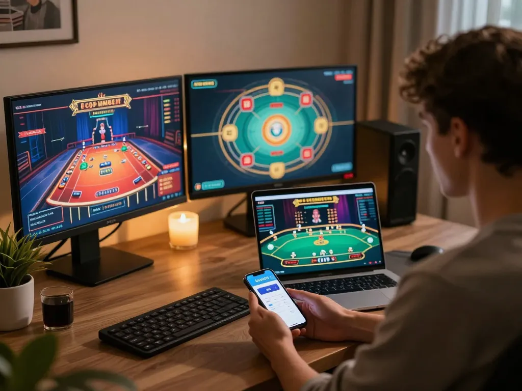 Player engaging with kuwin online casino app on multiple screens in a warm home environment