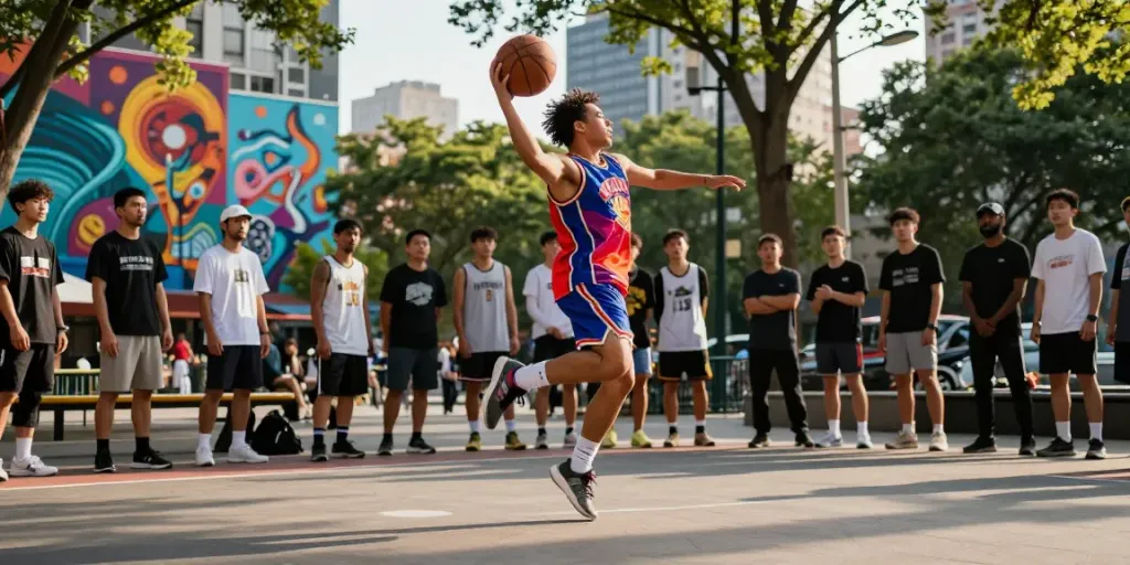 Engaging urban basketball scene featuring jebolwd athlete performing a trick shot.