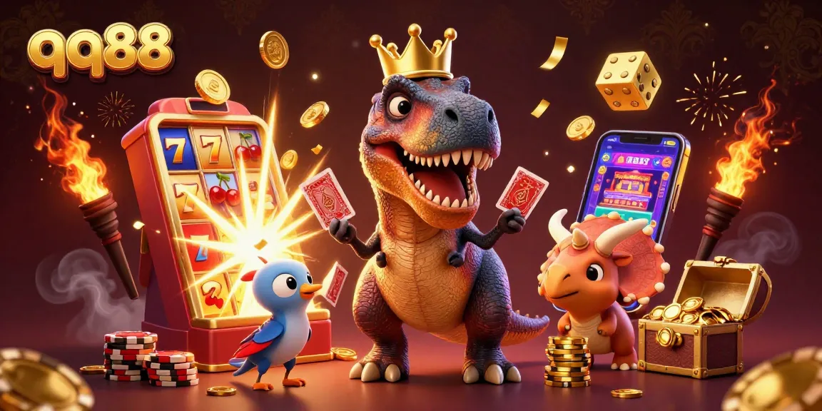 Enjoy thrilling moments at qq88 with friendly dinosaur characters amidst vibrant casino chaos.