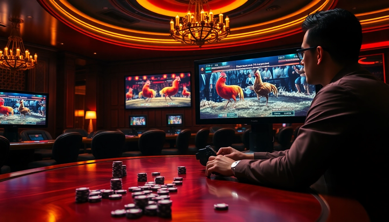 Engaging in đá gà trực tiếp at a sophisticated online casino, featuring live streams and vibrant visuals.