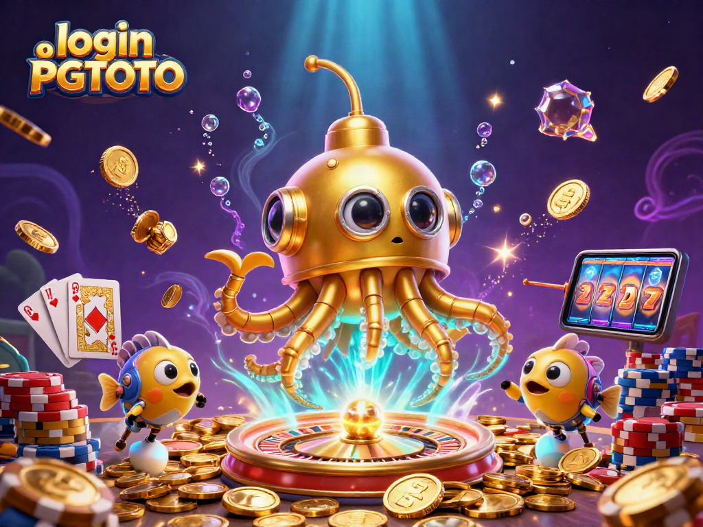 Immerse in the excitement of login PGTOTO, featuring a vibrant underwater casino scene bursting with gold coins and dynamic game elements.