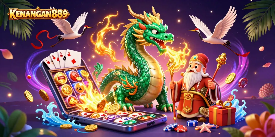 Experience KENANGAN889 in this spectacular 3D casino scene with vibrant slot game action and lucky characters.