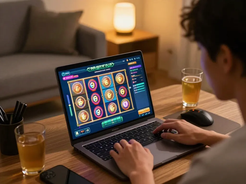 Playing toto macau slot on a laptop in a cozy modern gaming setup.
