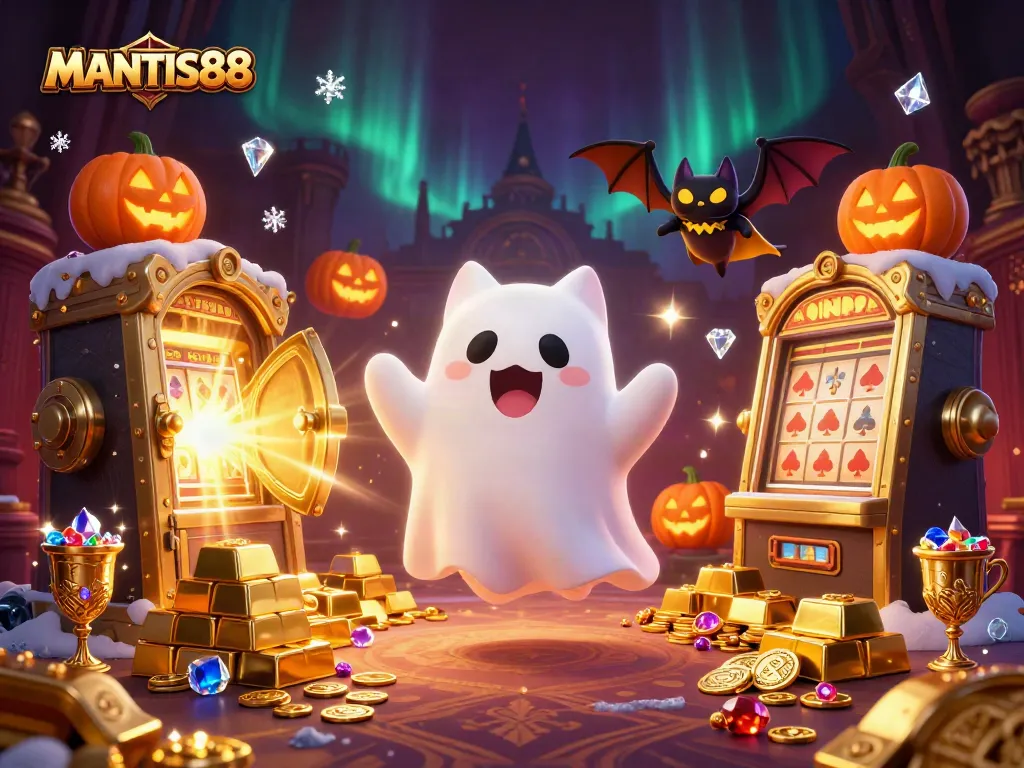 MANTIS88's illuminated casino scene features a ghost cat and bat companion among treasures.