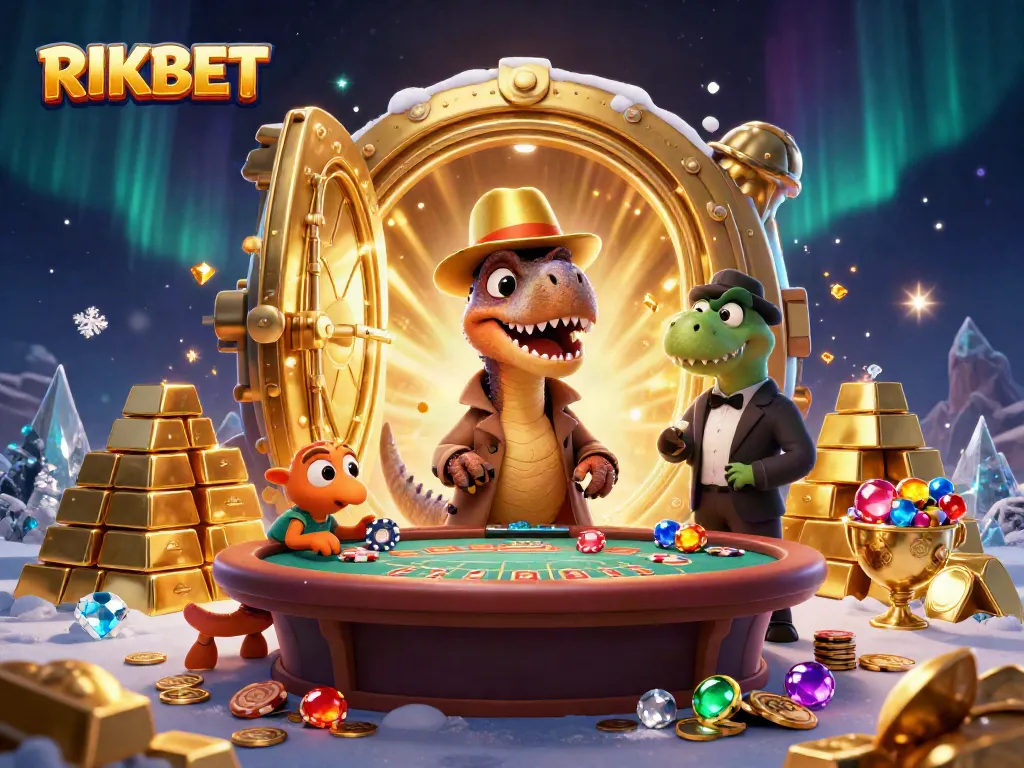 Engage in dynamic RIKBET gaming with a cartoon velociraptor, pit boss, and pickpocket in an ultra-detailed casino scene.