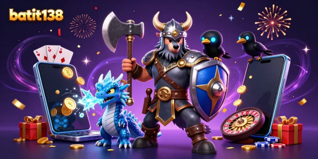 Menyajikan permainan slot menarik di batik138 dengan karakter Viking dan naga dalam suasana meriah.