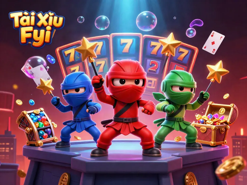 Tài Xỉu Fyi showcases a dynamic casino scene with chameleon ninjas and slot elements.