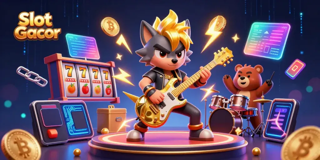 Slot Gacor dengan simbol mesin slot dan koin kripto 3D bersinar, aksi seru di kasinon.