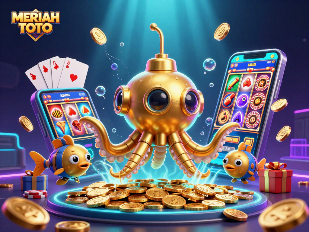 MERIAH TOTO menghadirkan ilustrasi kasino 3D menarik dengan hiu mekanik dan simbol slot yang mengelilingi.