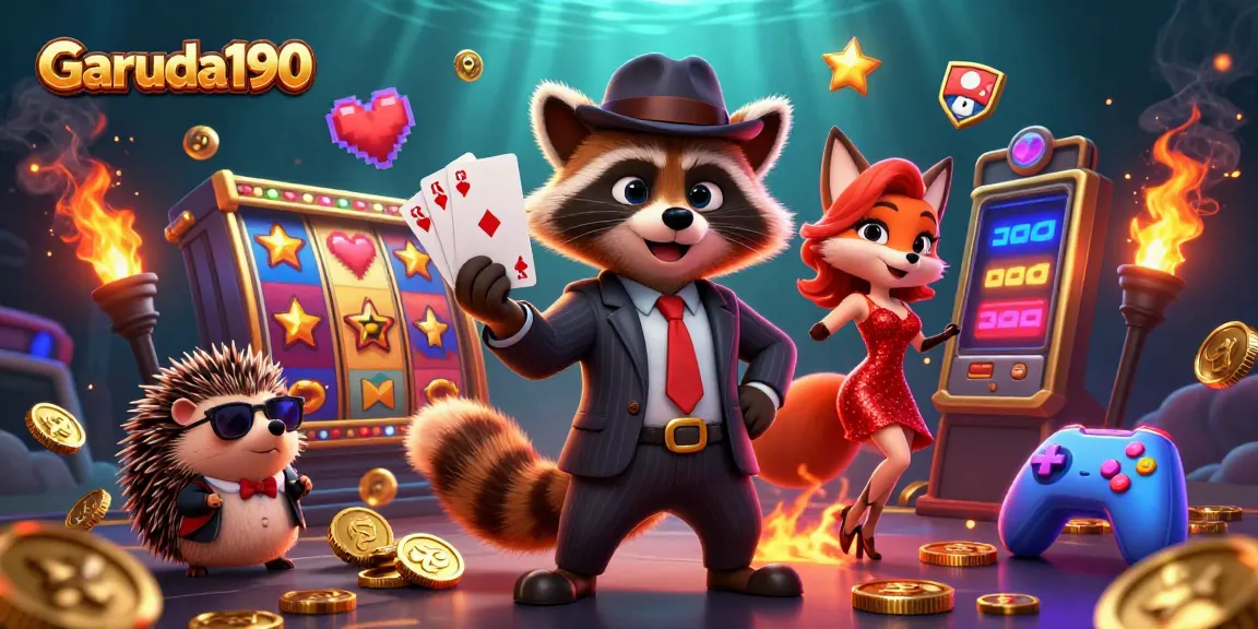 Experience the excitement of Garuda190 with raccoon, fox, and hedgehog in a vibrant gaming scene.