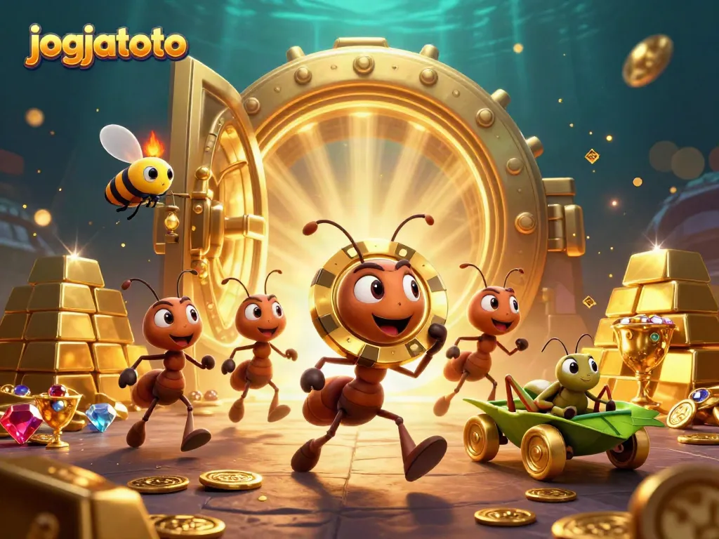 Experience the excitement of jogjatoto as ants steal a giant poker chip in a vibrant 3D scene.