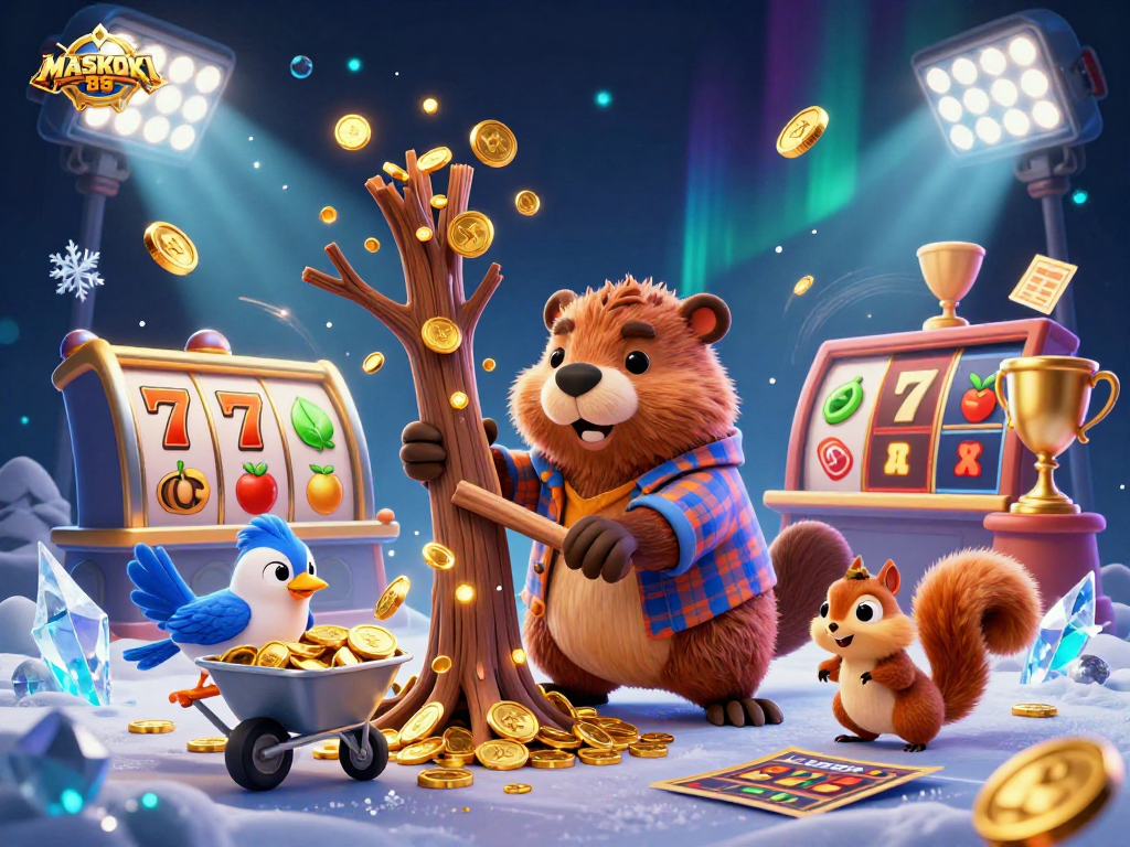 Engage in gaming excitement with MASKOKI889 as a beaver collects gold coins amid vibrant slot elements.