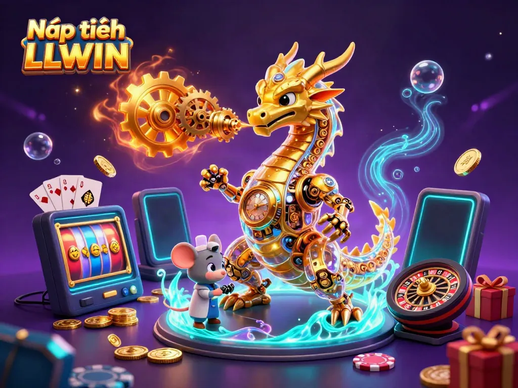 Experience Nạp tiền LLWIN with a vibrant 3D illustration showcasing a golden dragon, casino elements, and dynamic gaming action.