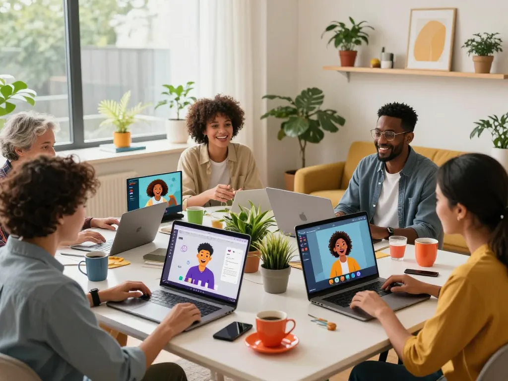 Engaging adults enjoying AI 18+ interactions in vibrant home offices, featuring personalized avatars and cozy workspaces.