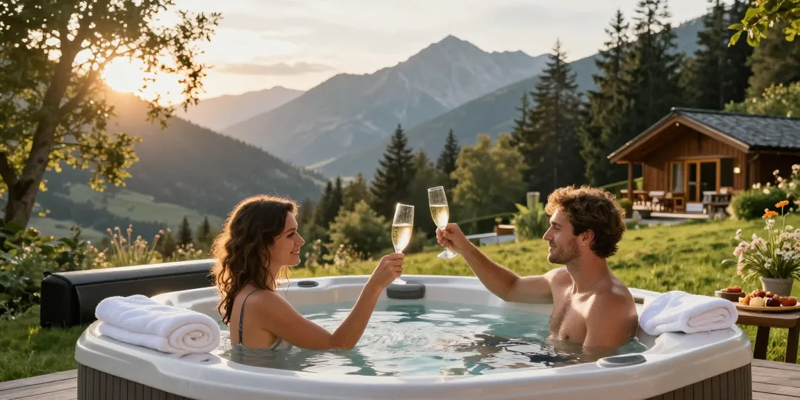 Pengalaman LUXURY 111 di pemandangan gunung yang tenang dengan pasangan dalam hot tub luar ruangan.