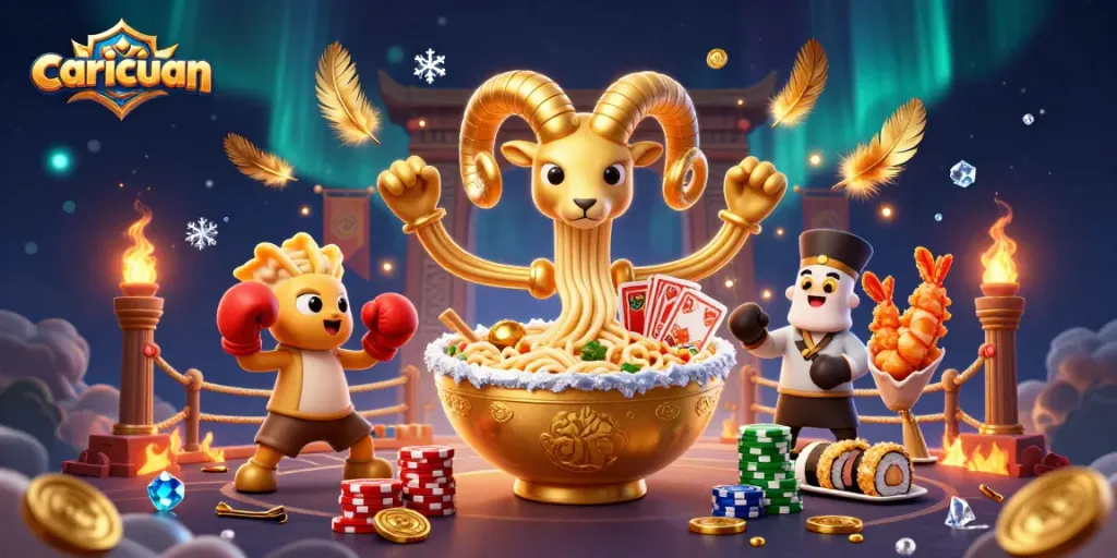 Engaging caricuan illustration with a giant ramen bowl dealing cards and vibrant casino elements.