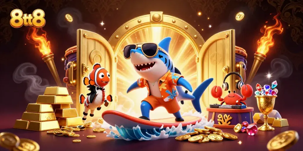 Elevate your gaming experience with 8tt8 as a shark surfs golden coins in a vibrant casino scene.