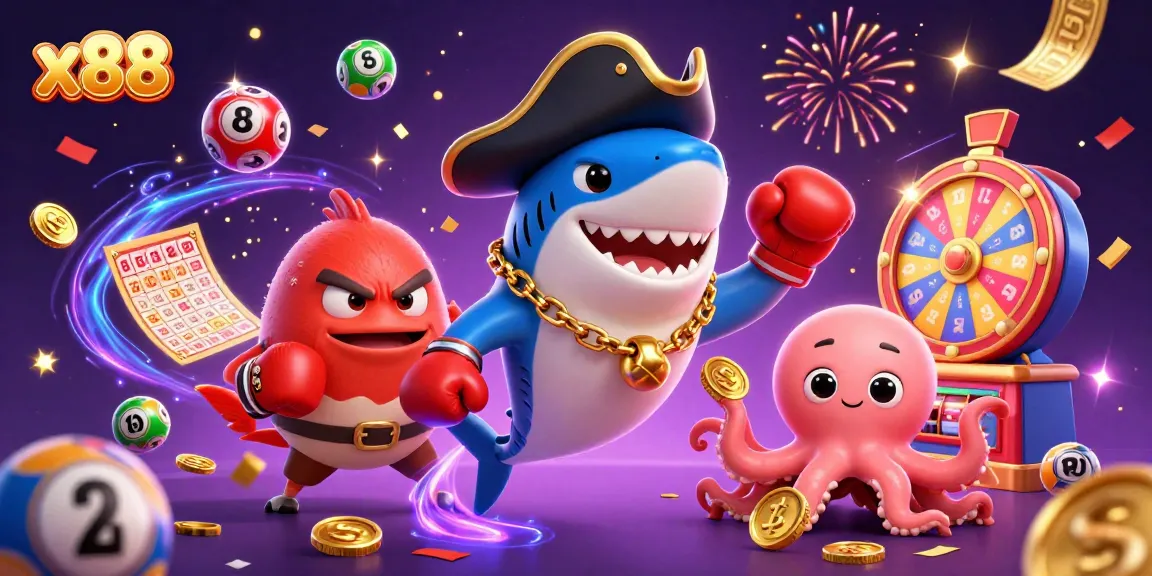 x88 engages players with a lively gambling scene featuring colorful lottery elements and adorable characters.