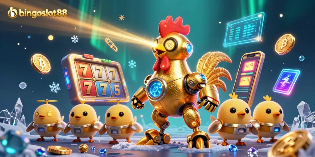 Menangkan permainan di bingoslot88 dengan robot ayam emas futuristik dan simbol slot menawan.
