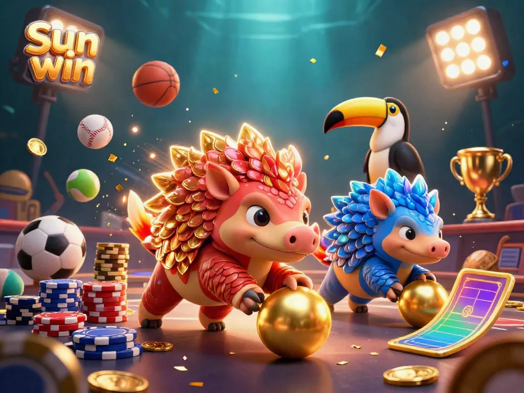 Enjoy the exciting gameplay at Sun win featuring fun 3D pangolin characters rolling poker chips with dynamic sports elements.