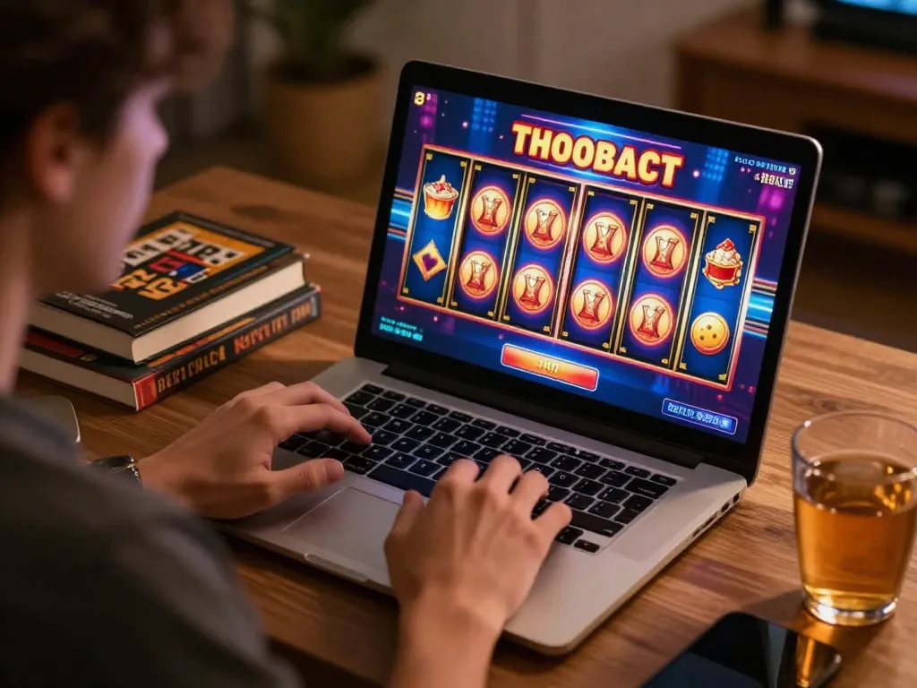 IDCASH88 player engaging with online slots on laptop, showcasing dynamic gaming experience and strategic gambling.