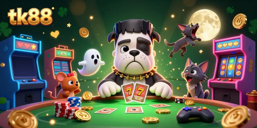 tk88 themed gambling scene with cartoon characters and dynamic casino elements.