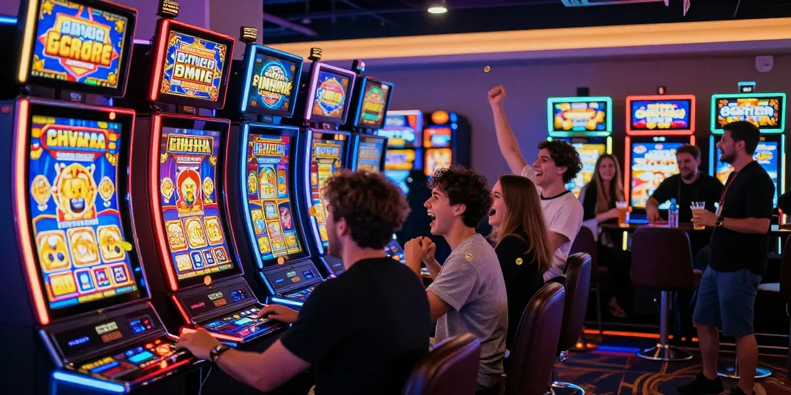 Area mesin slot yang ramai dengan pemain bersemangat, menunjukkan keseruan permainan Slot.