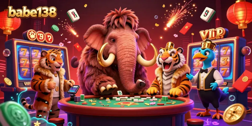 Babe138 menyajikan suasana kasino yang ceria dengan mamut berbouncer dan tamu VIP beruang sabertooth