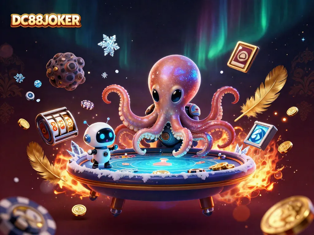Engage in thrilling gameplay with DC88JOKER, featuring a vibrant alien octopus and holographic poker elements.