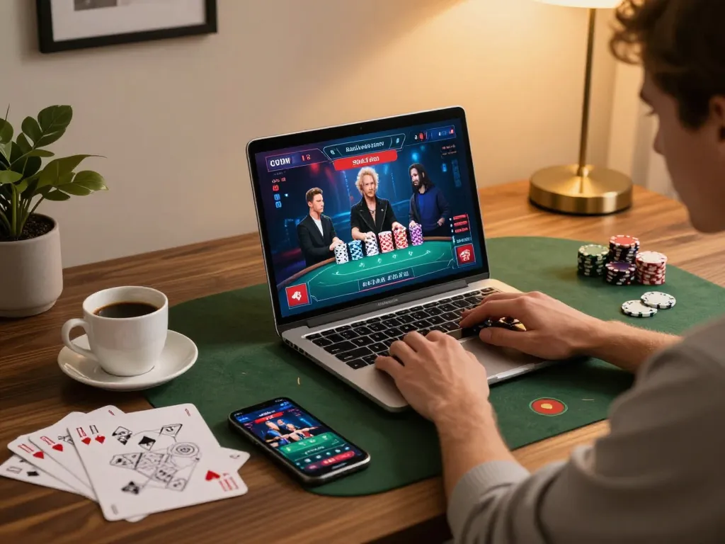 Player enjoying MAX88 poker experience on a laptop in a stylish home office.