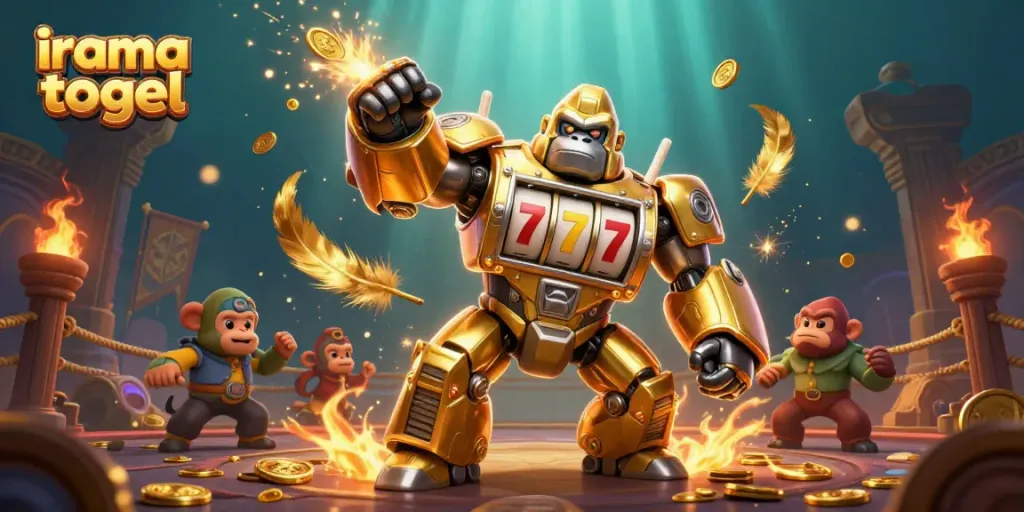 Engage with irama togel strategy in this dynamic 3D illustration featuring a gorilla mech and casino elements.
