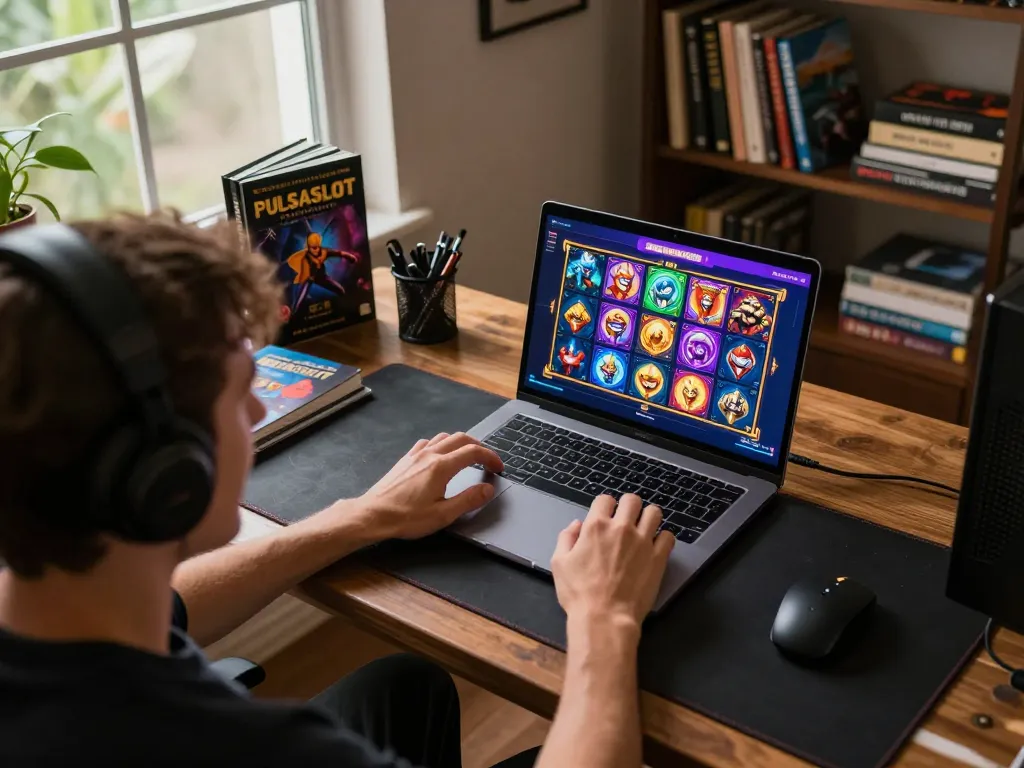 PULSASLOT player engaging with exciting slot games on a laptop in a cozy home setup