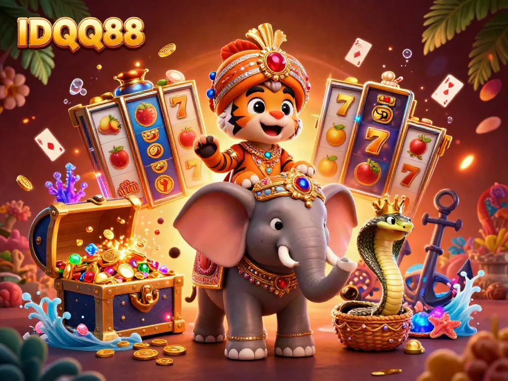 Experience thrilling gameplay at IDQQ88 with vibrant slot reels bursting with color and treasure.