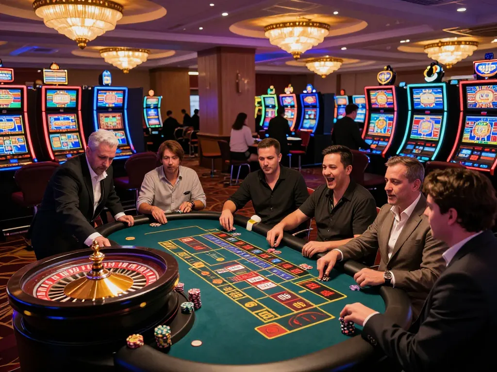 Experience keluaran hk excitement as players gather around roulette table at a vibrant casino.