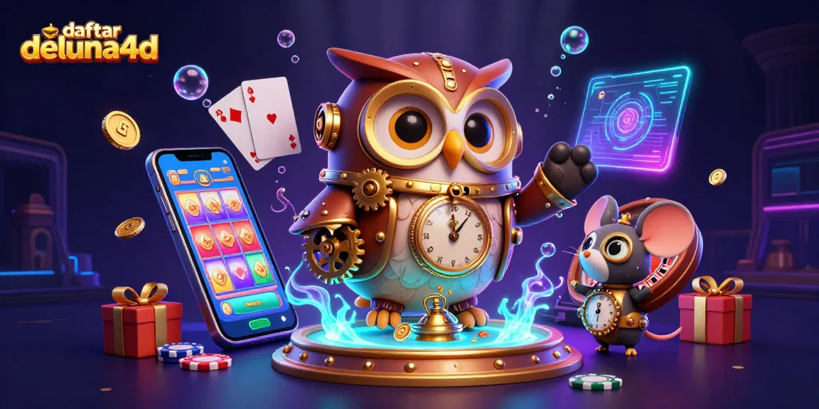 Engage with daftar deluna4d in an animated casino scene featuring a time-traveler owl and immersive gaming elements.