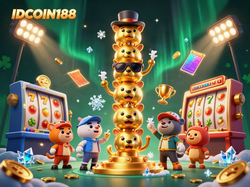 Engage with the exciting gaming atmosphere of IDCOIN188 featuring a colorful totem pole, slots, and vibrant casino elements.