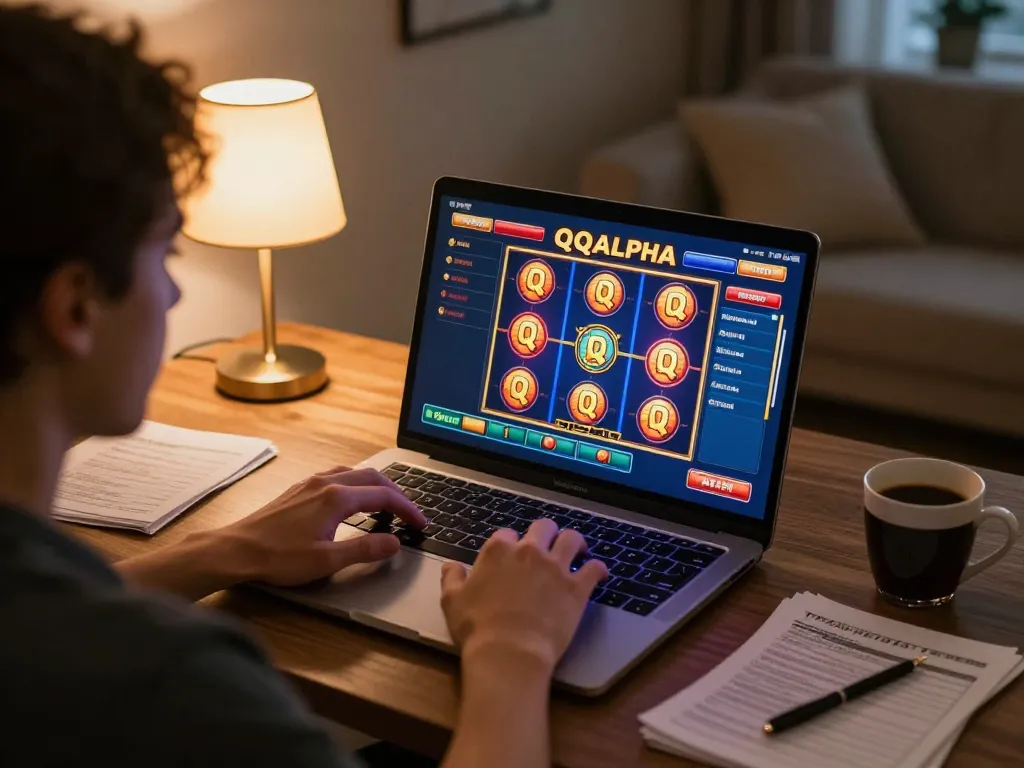 Engaged player focusing on qqalfa slot gameplay, surrounded by cozy home atmosphere and betting notes