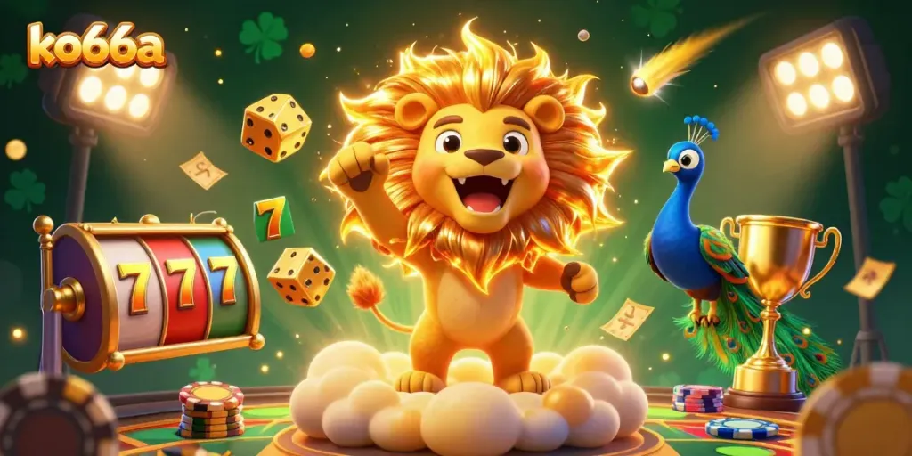 Experience thrilling casino action with ko66a as the cartoon lion and golden dice invite players to explore vibrant slots.