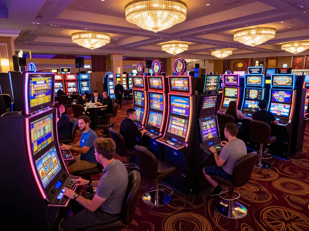 Players enjoying slot machines in a bright casino, vibrant lights creating an exciting atmosphere.