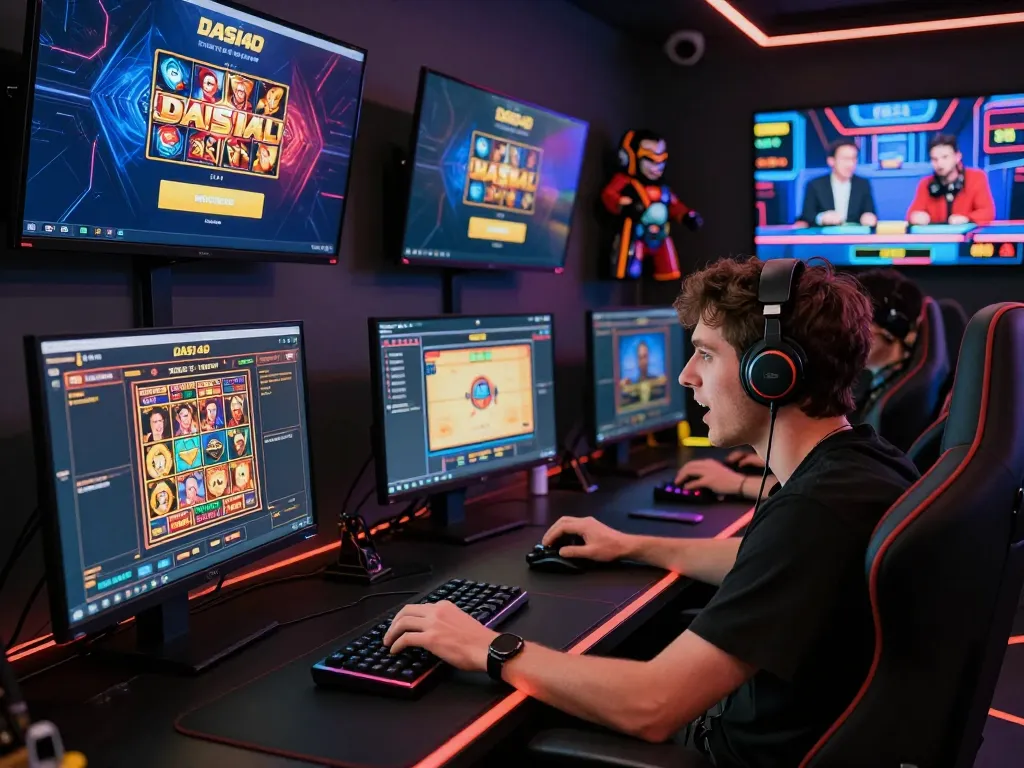 Momen menarik seorang pemain yang fokus pada login DASI4D untuk permainan slot dalam pengaturan permainan modern.
