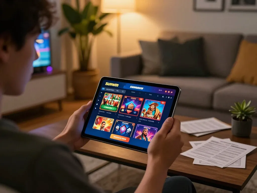 Engaging with Sunwin gaming interface on a tablet in a cozy home setting, emphasizing responsible gameplay.