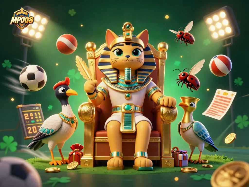 MPO08 showcases a pharaoh cat and scribe in a vibrant casino scene with dynamic sports elements.
