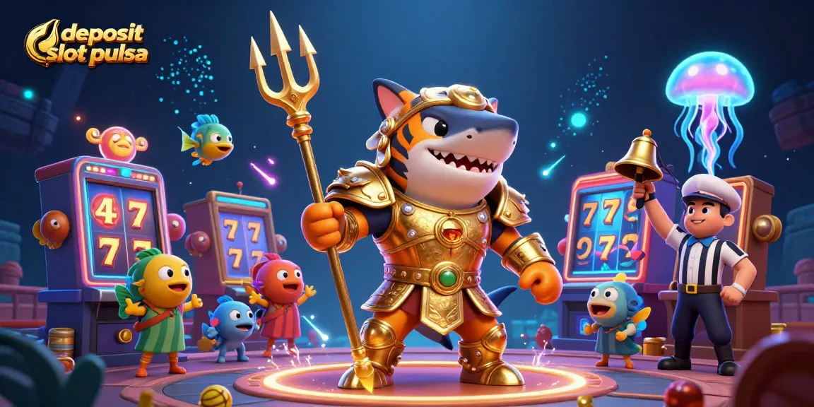 Experience deposit slot pulsa with exciting slot machines and a fierce tiger shark warrior in an underwater casino.