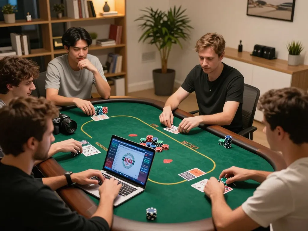 LGO99 players strategizing during a thrilling online poker game with chips and cards visible in a cozy setting