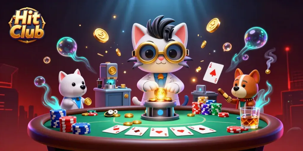 Hit Club illustration showcases dynamic characters in a lively casino scene, packed with casino elements.