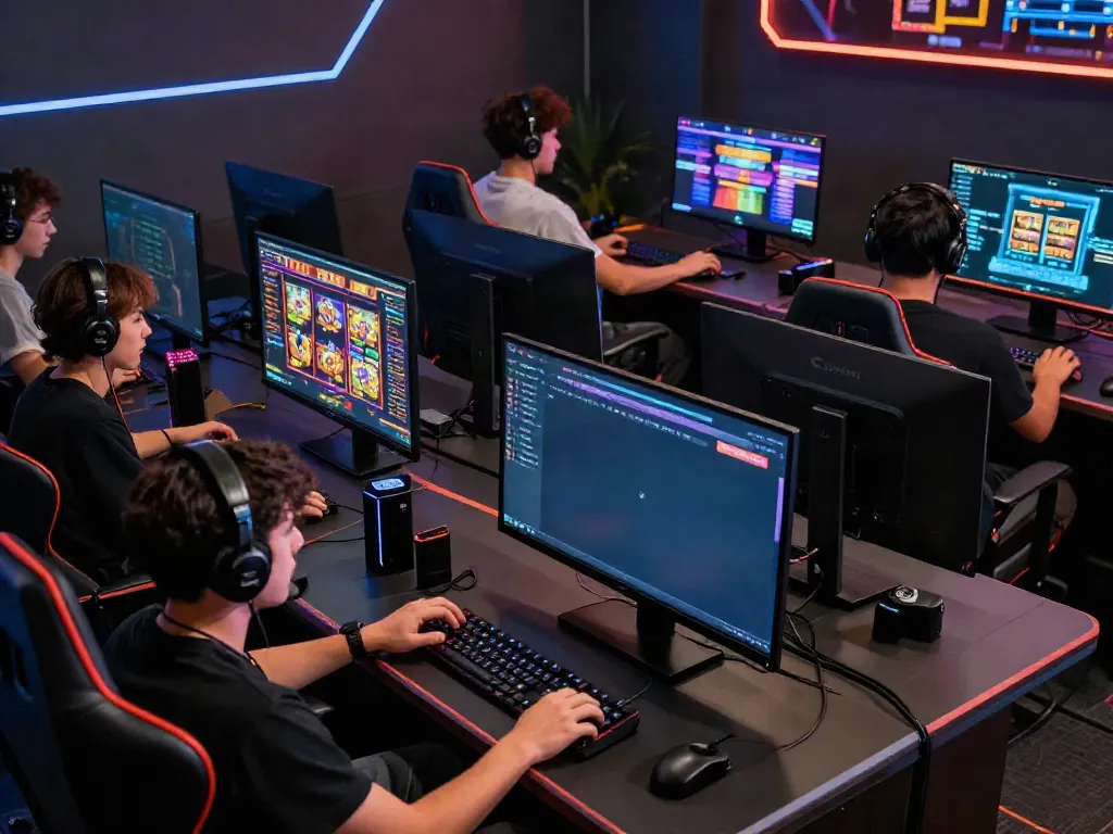 Players enjoying slot gacor games on an advanced gaming platform with vibrant graphics and modern equipment.