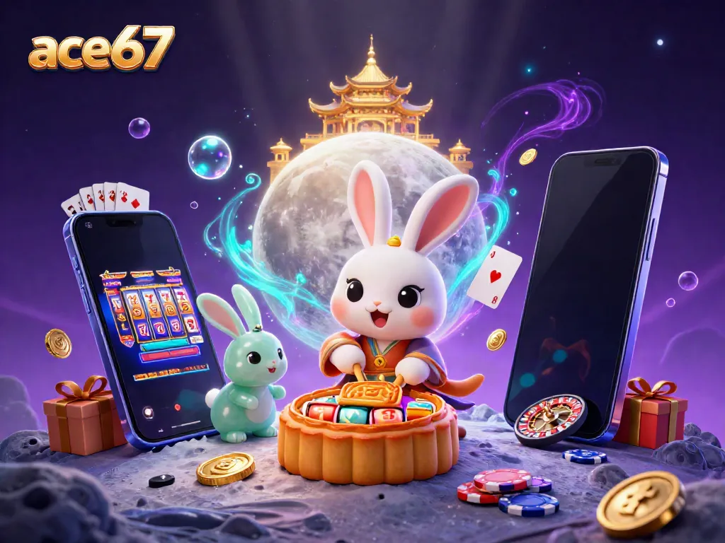 Experience the ace67 adventure with a moon rabbit themed casino illustration, featuring vibrant slot reels.